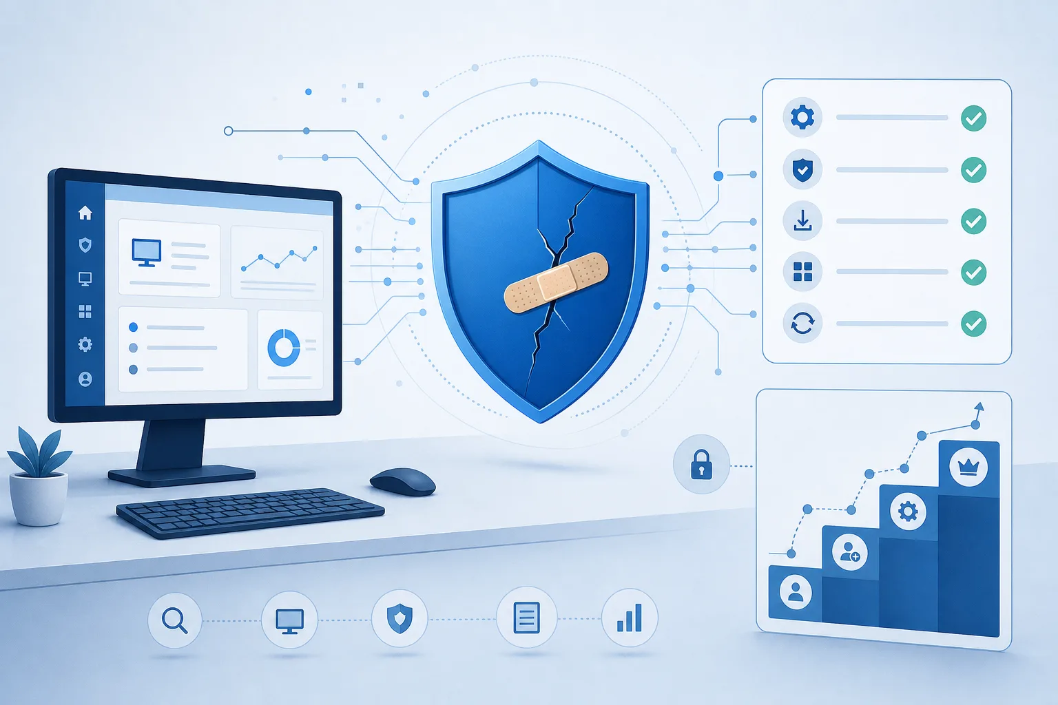 Abstract endpoint security shield with a repaired crack and update checklist