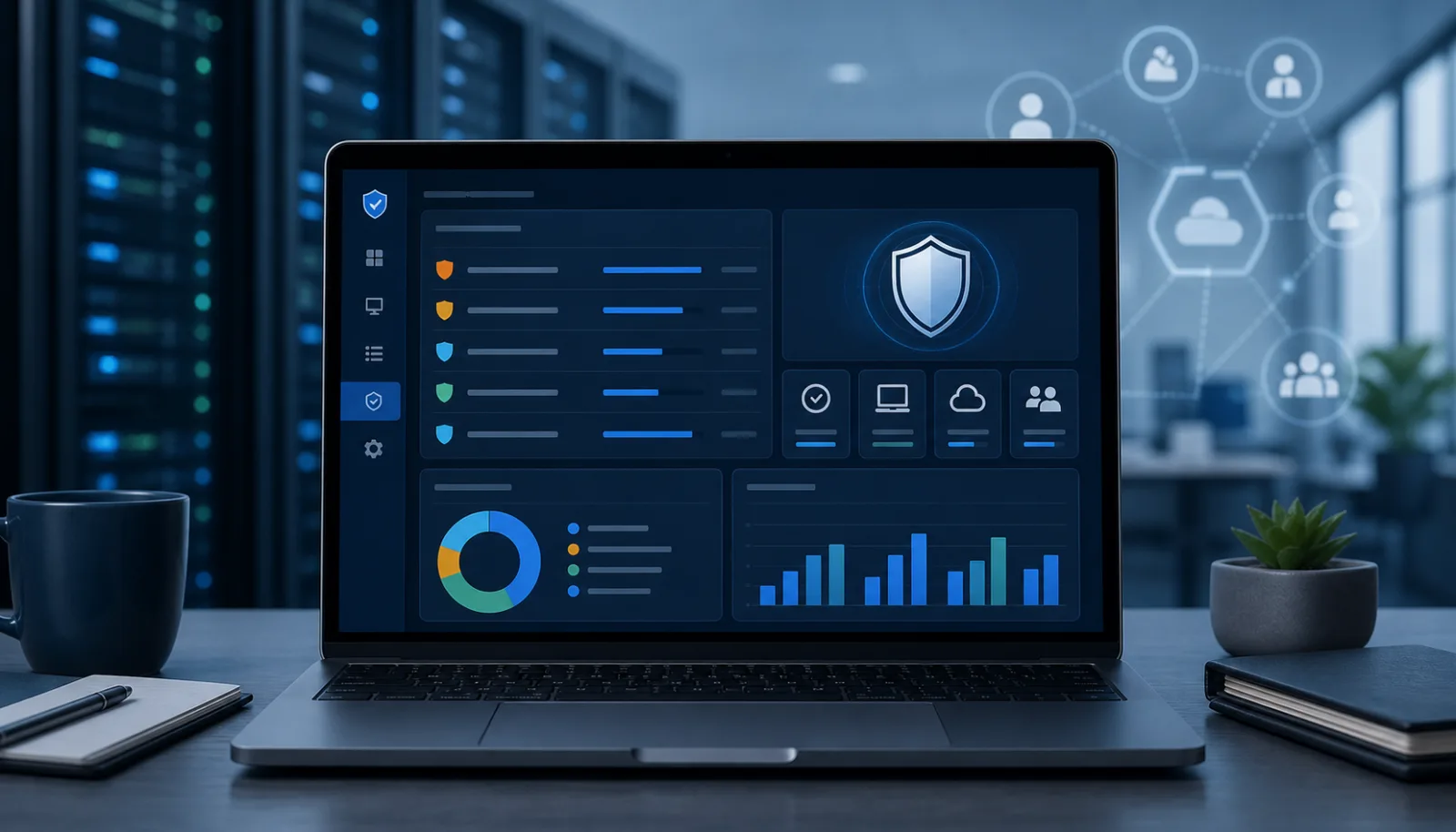 Calm security dashboard with prioritized Microsoft update queues