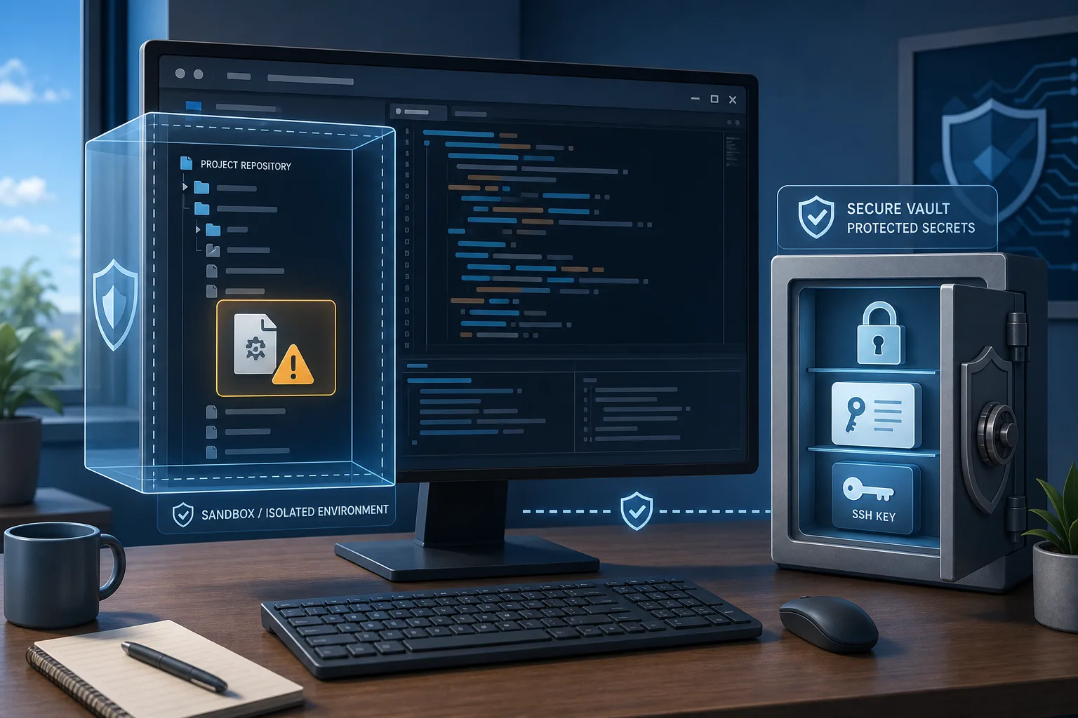 Developer workstation with a suspicious repository executable isolated from protected secrets