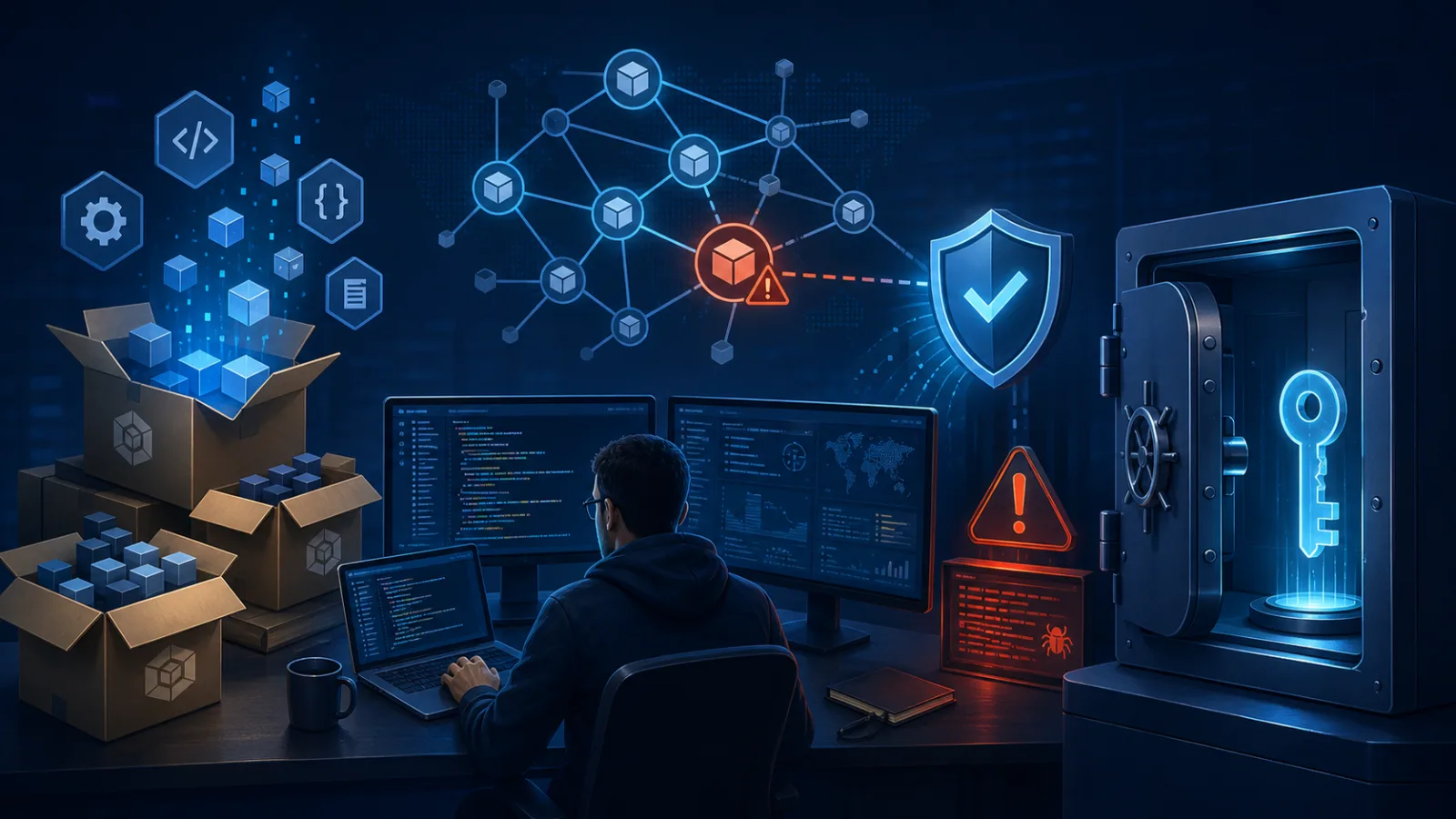 Cybersecurity illustration with open source packages and developer workstation