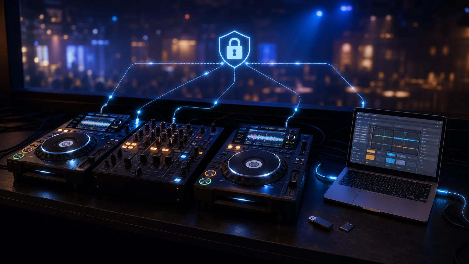 منصة DJ متصلة مع حاسوب وUSB ومشغلات محمية بقفل رقمي