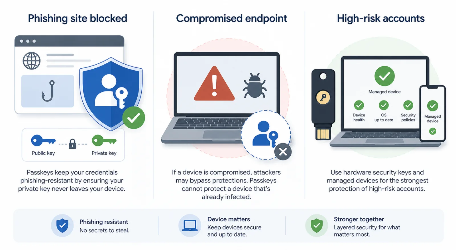 Схема: passkeys блокируют фишинг, заражённый endpoint остаётся риском, hardware keys нужны для важных аккаунтов
