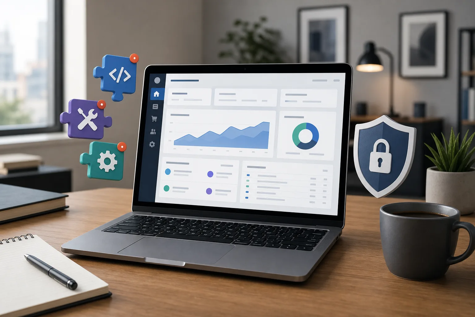 Website security updates and plugin maintenance on a laptop