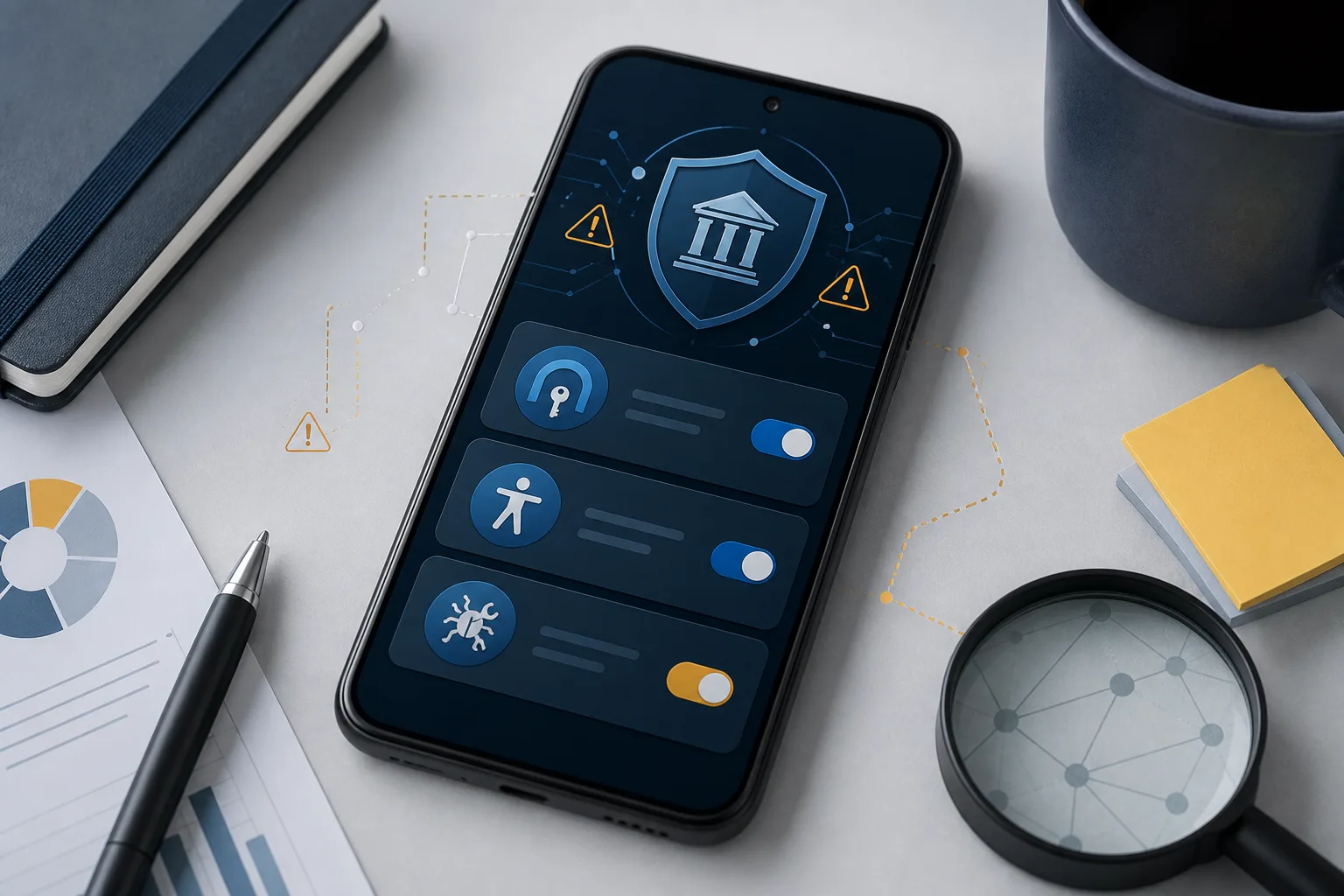 Generisches Android-Telefon mit VPN-, Accessibility- und Debugging-Warnsymbolen