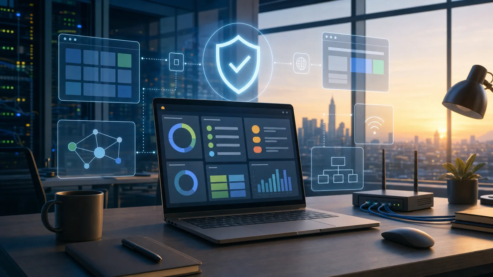 Calm security operations desk with patch-management screens