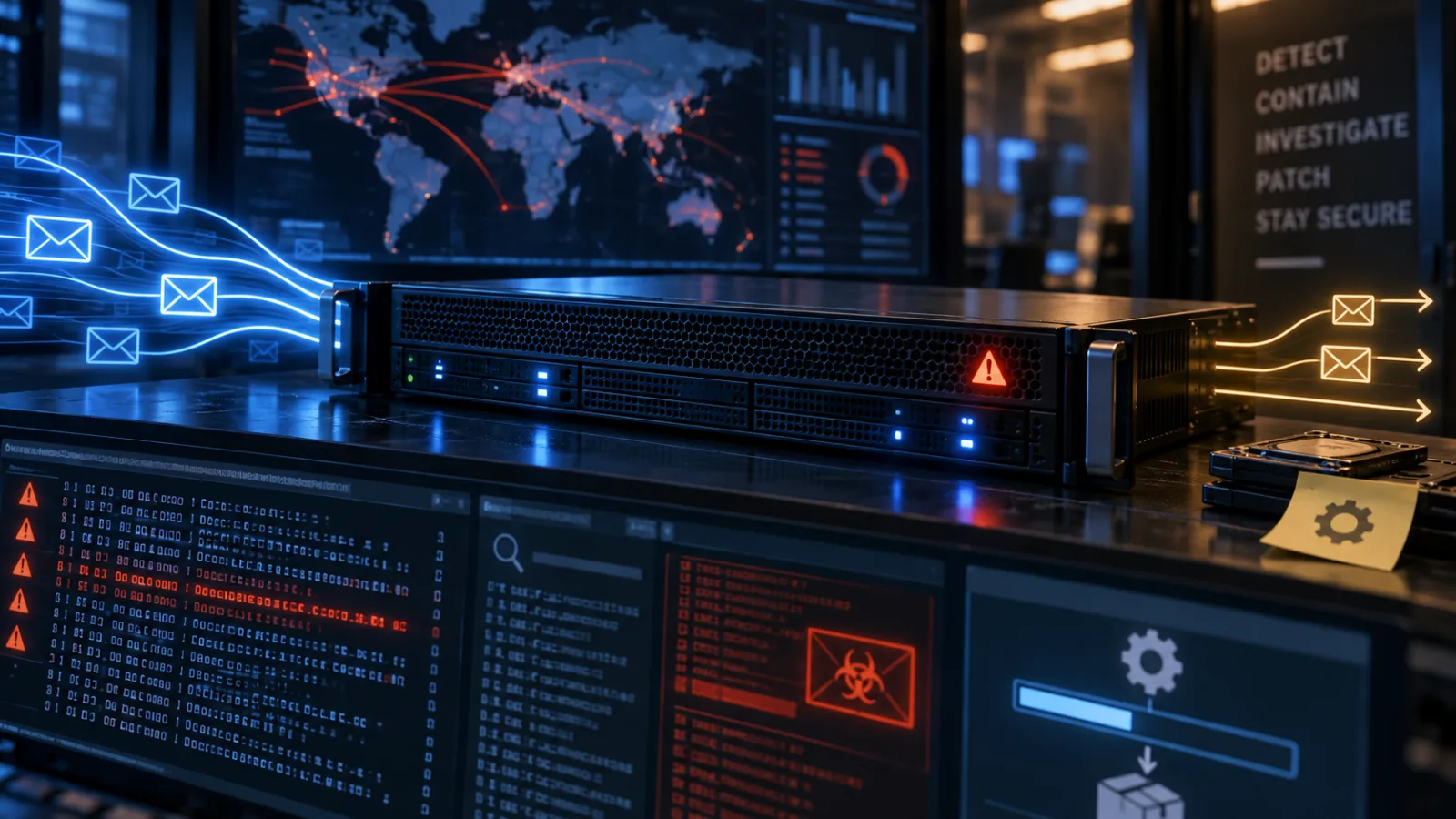 Generic enterprise email security gateway with alert indicators and forensic log analysis