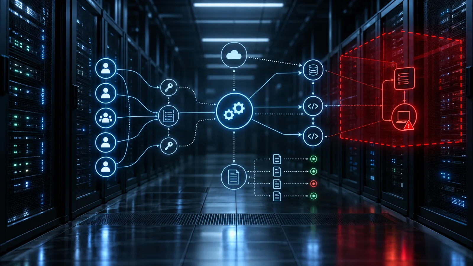 Abstrakcyjna sieć cyberbezpieczeństwa pokazująca ścieżki dostępu agenta AI, dzienniki audytu i czerwoną granicę izolacji w ciemnej serwerowni.