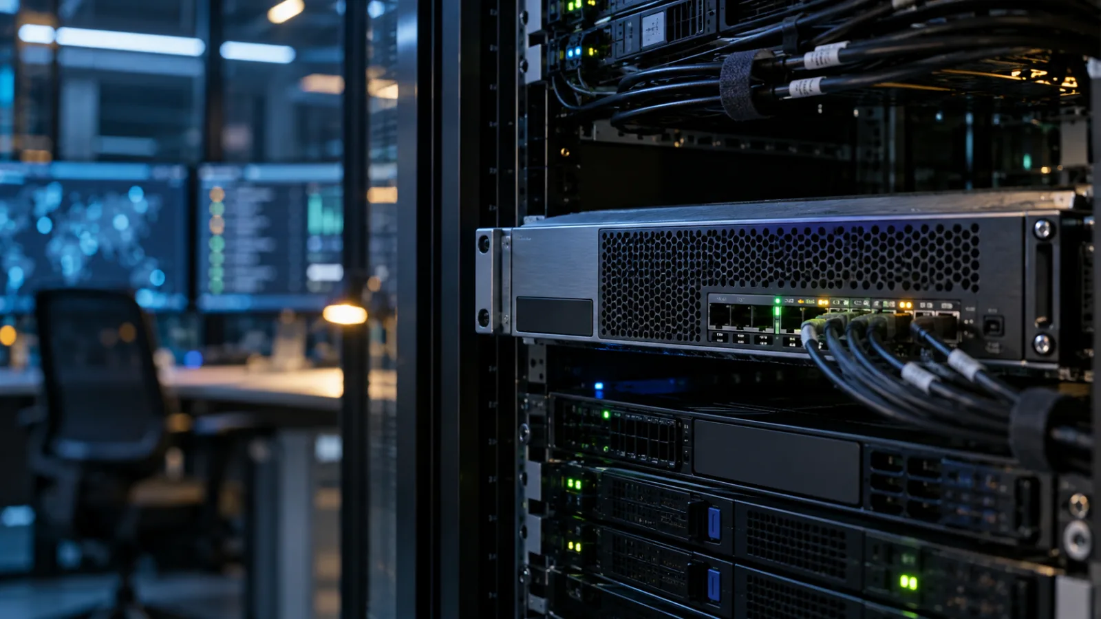 Im Rack montiertes Enterprise-Zugangs-Gateway mit Netzwerkkabeln und Statusleuchten in einem sicheren Serverraum