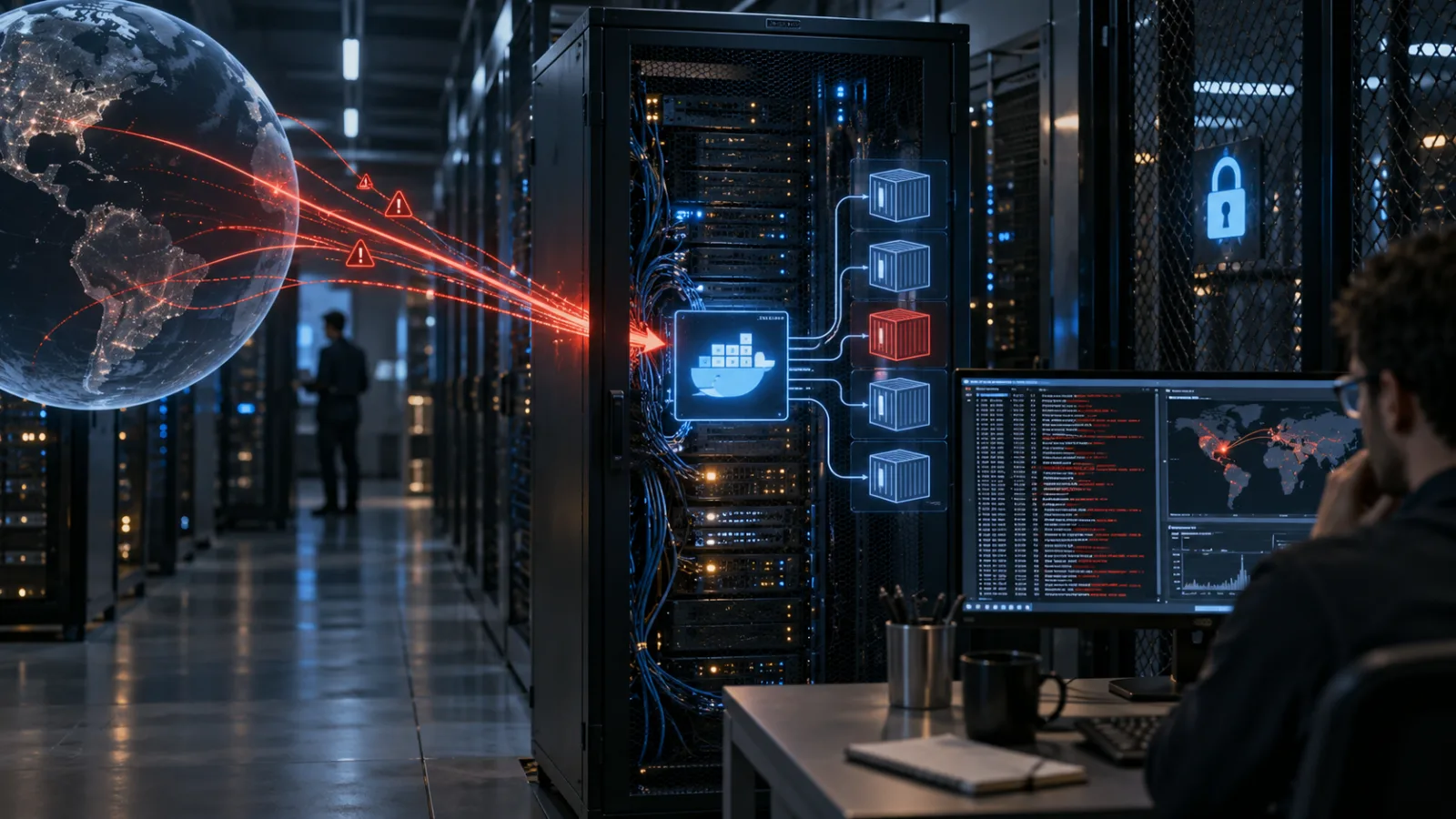 Ilustracja redakcyjna odsłoniętego hosta Docker, pokazująca ścieżkę dostępu z internetu do serwera i płaszczyzny sterowania kontenerami.