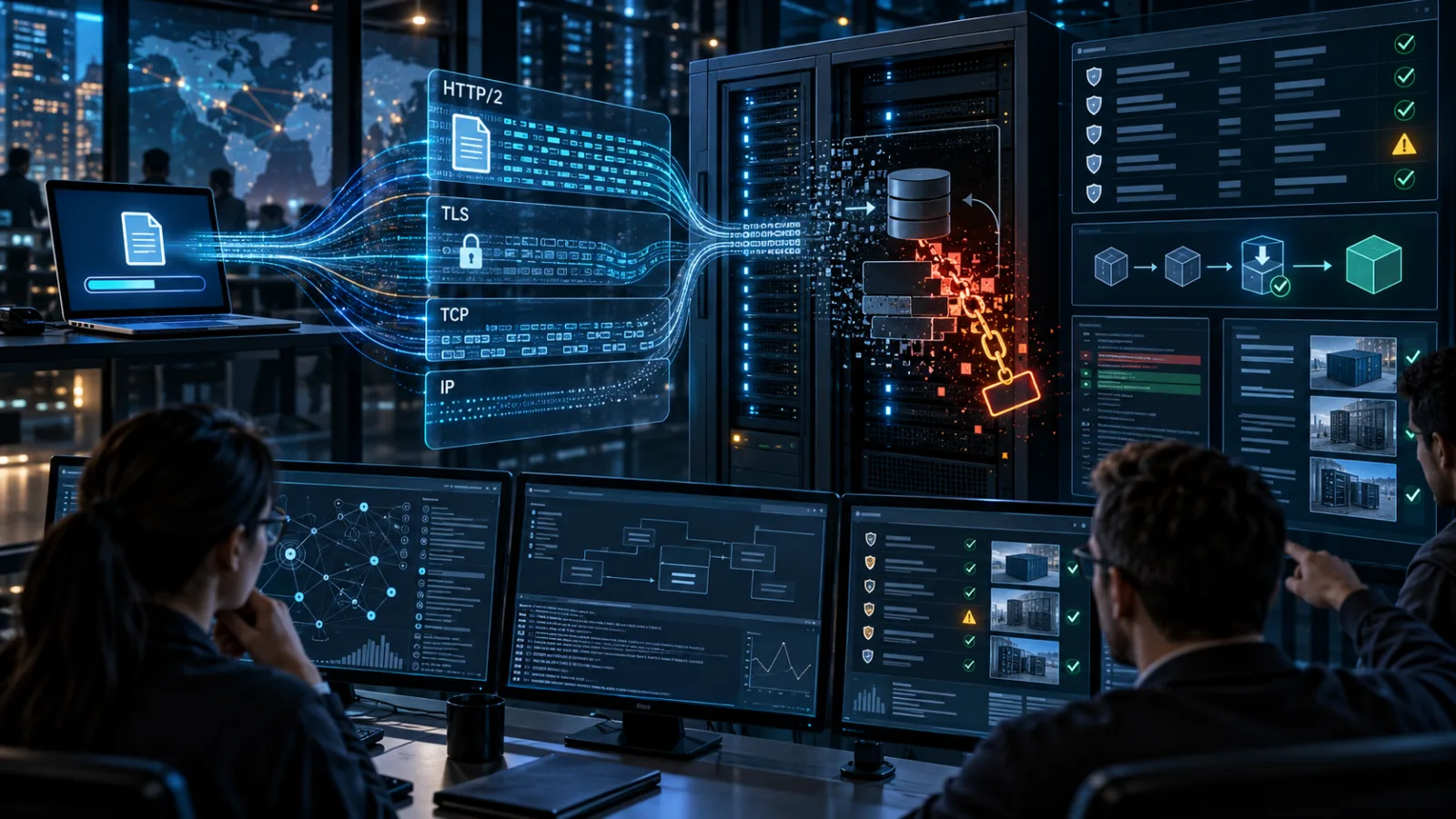 Редакционная иллюстрация по кибербезопасности: HTTP/2-загрузка достигает сервера, а инженеры отслеживают исправление уязвимости curl и инвентаризацию зависимостей.