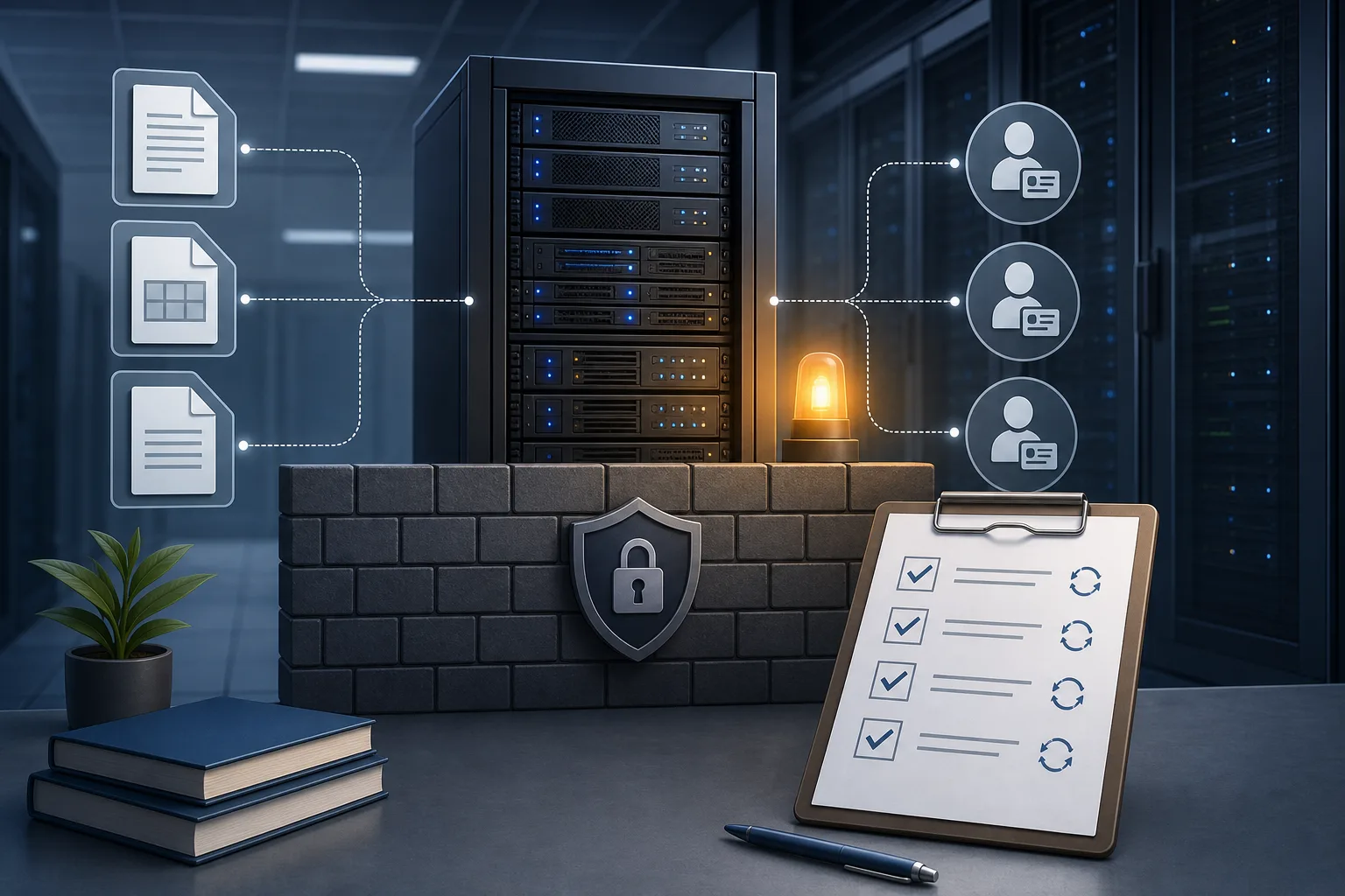 On-prem collaboration server behind a firewall with documents, identity icons, and a patch checklist